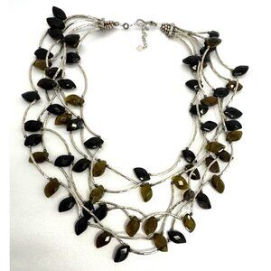 Multi-Strand Beaded Necklace With Black & Brown Beads Adjustable Chain